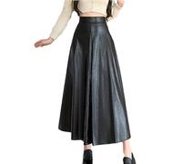 Dninmim Damen Hohe Taille A-Linie Pu Leder Röcke Herbst Winter Vintage Plissee Lange Regenschirm Rock, Schwarz , 44