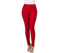 Dninmim Damen Hohe Taille Elastische Slim Bleistifthose Frühling Herbst Skinny Casual Jeans, rot, L