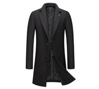 Dninmim Herren-Wintermantel aus Wollmischgewebe, einfarbig, schlichter Trenchcoat, Schwarz , L