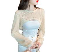 DNLKWGO Langärmeliges Oberteil mit Aushöhlung, gehäkelt, gestrickt, bauchfrei, sexy, durchsichtiges Fischnetz-Top, Beige, Einheitsgröße