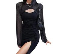 DNLKWGO Langärmeliges Oberteil mit Aushöhlung, gehäkelt, gestrickt, bauchfrei, sexy, durchsichtiges Fischnetz-Top, Schwarz, Einheitsgröße