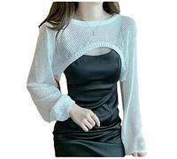 DNLKWGO Langärmeliges Oberteil mit Aushöhlung, gehäkelt, gestrickt, bauchfrei, sexy, durchsichtiges Fischnetz-Top, Weiss/opulenter Garten, Einheitsgröße