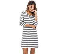 Doaraha Nachthemd Damen Baumwolle 3/4 Arm Schlafshirt Gestreift Nachtkleid Kurz Sleepshirt V-Ausschnitt Geknöpft (Dunkelgrau, L)