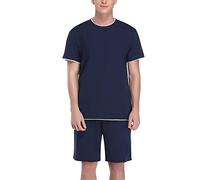 Doaraha Schlafanzug Herren Kurz Set Pyjama 100% Baumwolle Zweiteilige Nachtwäsche Einfarbig Sommer Sleepwear Hausanzug für Männer (4-Einfarbig-Dunkelblau, L)