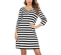Doaraha Schlafshirt Damen Kurz Baumwolle Nachthemd mit Streifen Nachtkleid 3/4 Arm Sleepshirt mit Knöpfen (Schwarz, XXL)