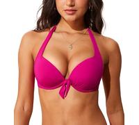 DOBREVA Damen Push Up Bikini Oberteil mit Bügel Gepolsterte Sexy Halfter Self Tie Bademode - BH Größen Granita Pink 90B