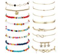 Dochais 15-24 Stück Glänzende Silber Fußkettchen mit Strass Wasserdicht Boho Verstellbare Sommer Fußkettchen Damen Fußkette Vintage Perlen Fussketten, 21cm (16 Stück)