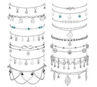 Dochais 15-24 Stück Glänzende Silber Fußkettchen mit Strass Wasserdicht Boho Verstellbare Sommer Fußkettchen Damen Fußkette Vintage Perlen Fussketten, 21cm (15 Stück, A)