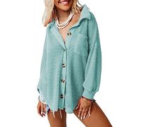 Dokotoo Bluse Damen Langarm Lässig Oberteile Hemd Langarmshirt Waffel Knopfleiste Oberteil Blusen Einfarbig Shirts Stehkragen Elegant Hemdjacke Locker Hemdbluse Grün S