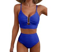 Dokotoo Damen Bikini Set Push Up Sexy U-Bügel Bikinis Bauchweg High Waist Textur Bademode Zweiteiliger Badeanzug Große Brüste Swimsuit, blau, 2XL