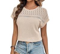 Dokotoo Damen Bluse Sommer Spitzen Kurzarm Blusenshirt Elegant Rundhals Flügelärmel Tshirt Casual Lose Oberteile Shirts Tops, beige, XL