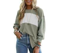 Dokotoo Damen Langarmshirt Rundhals Gestreiftes Sweatshirt Casual Oversize Longsleeve Shirt Herbst Farbblock Oberteile Pullover Tops, lorbeergrün, L