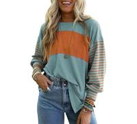 Dokotoo Damen Langarmshirt Rundhals Gestreiftes Sweatshirt Casual Oversize Longsleeve Shirt Herbst Farbblock Oberteile Pullover Tops, grün, L