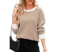 Dokotoo Damen Strickpullover Elegant Rundhals Gestreifter Pullover Langarm Lose Oberteile Shirt Pulli für Herbst Winter, Kaffee, XL