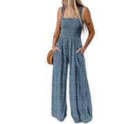 Dokotoo Jumpsuit Damen Sommer Blumenmuster Latzhose Casual Lose Overall Hohe Taille Ärmellos Playsuit Lang Romper Leicht Palazzo Sommerhose mit Träger, blau, M