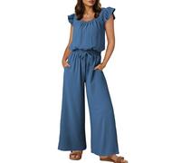 Dokotoo Jumpsuit Damen Sommer Musselin Overalls Elegant Business Hochzeit Hosenanzug Weites Bein Playsuit Lang Romper, blau, XL
