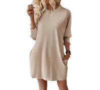 Dokotoo Kleid Damen Sommer 2025 Lässig Sommerkleider Rundhals 3/4 Ärmel Minikleid Sonnenkleid Einfarbig Kurzarm Strand Kleider Frühlings Sommerkleid Lockeres Freizeitkleid Beige XL