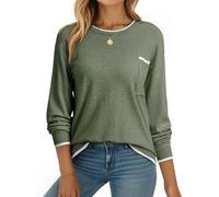 Dokotoo Pullover Damen Herbst Winter Strickpullover Rundhals Oberteil mit Brusttasche Langarm Warm Pulli Tops Casual Leichte Sweater Strickpulli Oberteile Grün M