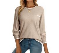 Dokotoo Pullover Damen Herbst Winter Strickpullover Rundhals Oberteil mit Brusttasche Langarm Warm Pulli Tops Casual Leichte Sweater Strickpulli Oberteile Beige L