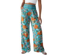 Dokotoo Sommerhose Damen Leicht Palazzo Hose Elegant Sommer High Waist Baggy Leinenhose Weite Hosen mit Taschen Elastisch Böhmen Blumenmuster Stoffhose Freizeithose Orange M