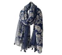 DOKRIN Schals für Damen,Dünner Damenschal für Herbst/Winter, Marineblau Blau bedruckter Ethno-Retro-Schal mit Cashewnuss-Turban aus Baumwolle und Leinen