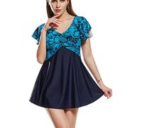 Dolamen Damen Badeanzug Bauchweg, 2018 Neu Zwei Stück Blumendruck Badebekleidung Badekleid mit Shorts, Eingebauter Cup Spa Strandkleid Baden Swimwear Bademode Tankini (EU44, Blau)