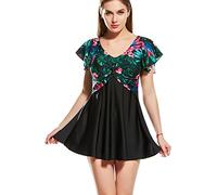 Dolamen Damen Badeanzug Bauchweg, 2018 Neu Zwei Stück Blumendruck Badebekleidung Badekleid mit Shorts, Eingebauter Cup Spa Strandkleid Baden Swimwear Bademode Tankini (EU42, Schwarz)