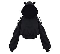 DolceTiger Damen Gothic Y2 K Streetwear Kapuzenpullover Für Damen Katze Lange Kapuzenpulli niedliche Bluse für Frauen Kapuzen-Pulli OhrÄrmel Frauen-Bluse Pullover Damen Elegant (Black, S)