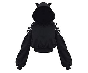 DolceTiger Damen Gothic Y2 K Streetwear Kapuzenpullover Für Damen Katze Lange Kapuzenpulli niedliche Bluse für Frauen Kapuzen-Pulli OhrÄrmel Frauen-Bluse Pullover Damen Elegant (Black, S)