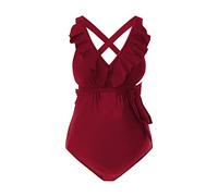 DolceTiger Umstandsbadeanzug Damen Umstandsmode Einteilige Badebekleidung V-Ausschnitt Schwangerschaft Badeanzug Soild Badeanzüge Für Schwangere (Red-c, S)