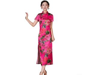 Dolvitrny Damen Vintage Cheongsam Kleid Kurzarm Pfingstrosen Druck Floral Qipao Kleid Chinesische Traditionelle Kleidung Retro Asiatische Abendgarderobe Sommer Party (2XL Rosa)