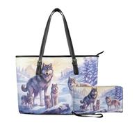 Dolyues 2er-Set Tragetaschen mit langer Geldbörse, 38,1 cm Tragetasche mit Reißverschluss, Geldbörse, PU-Leder, Handtaschen für Damen, wolf