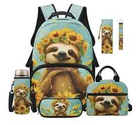 Dolyues 6-teiliges Rucksack-Bücherset für Mädchen, Grundschule, Büchertasche, Alter 8-10 Jahre, Kawaii-Rucksäcke für Kinder, Faultier Sonnenblume, Tagesrucksack