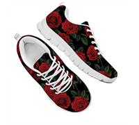 Dolyues Beiläufig Damen Niedriges Oberteil Mesh Sport Laufschuhe Leichte Atmungsaktive Flache Outdoor Sportliche Wanderschuhe mit roter Rose Blume Blumen