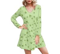 Dolyues Damen Freizeitkleid Party Shopping V-Ausschnitt Kleid Damen Langarm Kleider, Grüner Frosch, XXXXL
