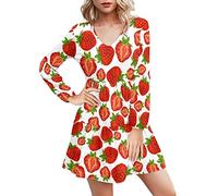 Dolyues Damen Freizeitkleid Party Shopping V-Ausschnitt Kleid Damen Langarm Kleider, Rote Erdbeere, XX-Large