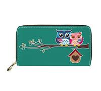 Dolyues Damen-Geldbörse, lang, PU-Leder, Reißverschluss, Kreditkartenetui, Geldbeutel, mit Münzfächern, Grüner Eulen-Familien-Druck, Klassisch