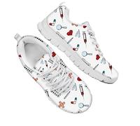 Dolyues Damen Laufschuhe für Draussen Sportlich Fitnessstudio mit Medizinisches Werkzeug der Karikatur Muster (Weiß), Lässige Atmungsaktive Leichte Niedriges Oberteil Gehen Joggen Sneakers