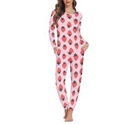 Dolyues Damen Pyjama-Sets, dünne Oberteile und Hosen, 2-teiliger Schlafanzug für Frauen, Teenager, Mädchen, lange Nachtwäsche, Rosa Erdbeere, 32