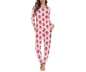 Dolyues Damen Pyjama-Sets, dünne Oberteile und Hosen, 2-teiliger Schlafanzug für Frauen, Teenager, Mädchen, lange Nachtwäsche, Rosa Erdbeere, 32