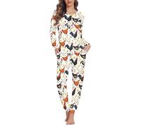 Dolyues Damen Schlafanzug Set Sof Langarm Pyjama Nachtwäsche Pjs Nachtwäsche mit Tasche für Damen, Cartoon Huhn, 42