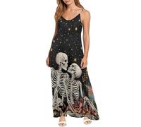 Dolyues Damen Spaghettiträger Ärmelloses Langes Kleid mit Reißverschluss Casual Maxikleider Größe XS-4XL, totenkopf, XL
