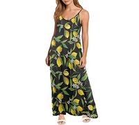 Dolyues Damen Spaghettiträger Ärmelloses Langes Kleid mit Reißverschluss Freizeitkleider Größe XS-4XL, Gelbe Zitrone., XXXXL