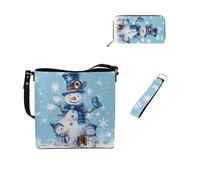 Dolyues Eimer-Tragetasche für Damen, Geldbörsen und Schlüsselanhänger, 3 Stück, Lederhandtaschen mit Schlüsselanhänger, Geschenk für Frauen, Weihnachtsschneemann, Blau