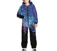 Dolyues Einteiliger Kapuzen-Overall mit Taschen und Reißverschluss für Kinder, lange Ärmel, Wald-Galaxie, 11-12 Jahre