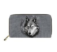 Dolyues Grauer 3D-Wolf-Druck Damen Reißverschluss Pu-Leder Lange Geldbörse mit Kreditkartenhalter Damen Geldbörse Clutch Geldtaschen