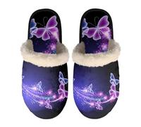 Dolyues Hausschuhe für Damen und Herren, warme Winter-Hausschuhe, bequeme Hotel- und Innenbereich-Schuhe, flach, zum Hineinschlüpfen, violettfarbener schmetterling, Medium