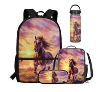 Dolyues Jungen-Rucksack mit Lunchbox, Federmäppchen und isolierter Wasserflasche, 400 ml, für Mittelschule, High School, 4 Stück, pferd, Water Bottle-20oz