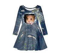 Dolyues Kleid für Mädchen, langärmelig, Partykleider, lässig, Rundhalsausschnitt, Sommerkleid, Größe XS-3XL, Denim-Hamster, 7-8 Jahre