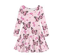 Dolyues Kleid für Mädchen Langarm Partykleider Casual Rundhals Sommerkleid, Größe XS-3XL, rosa Schmetterling (Pink Butterfly), 7-8 Jahre